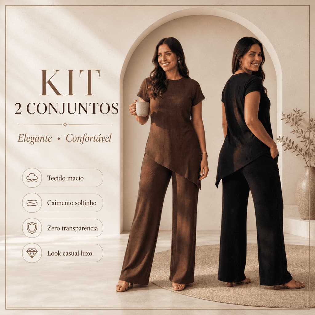 Kit 2 Conjuntos Femininos Elegante Confortável Canelado Assimétrico Pantalona