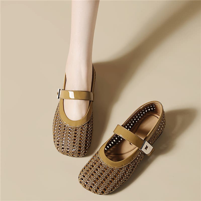 Couro genuíno tecido oco sapatos femininos sola plana Toe-coberto meia chinelos feminino verão exterior usar nova moda s