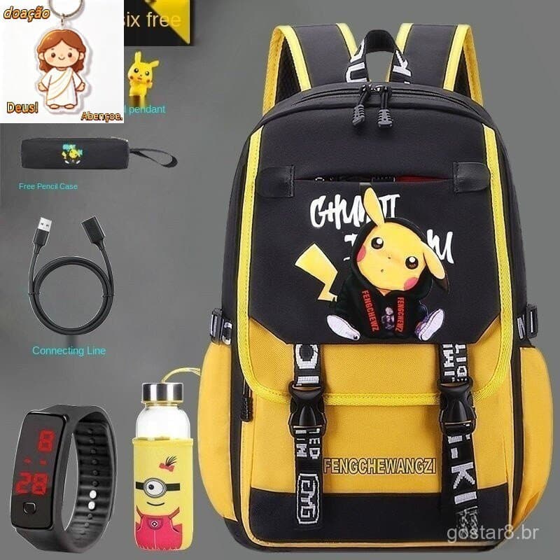 Mochilas escolares de anime Pikachu para meninos e meninas 9 QDZBB1