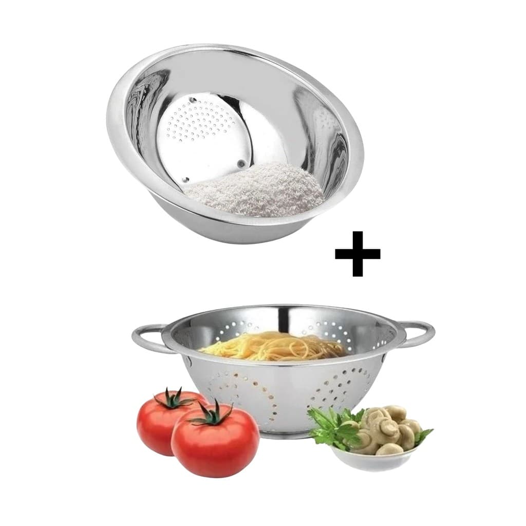 Kit Cozinha Escorredor De Massas Inox 24cm + Lavador De Arroz 25cm Funcional