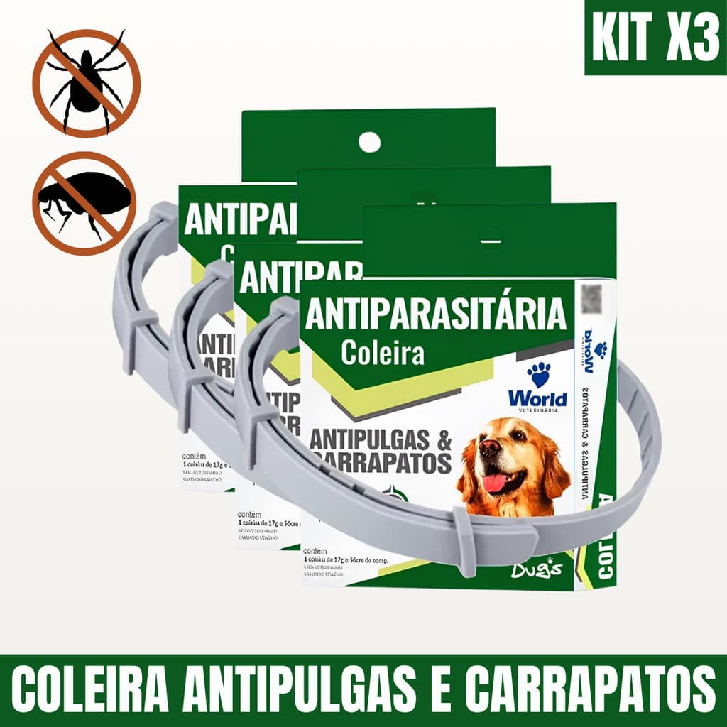 3 Coleiras World Veterinária Antipulgas Carrapatos Antiparasitária Dugs Para Cães