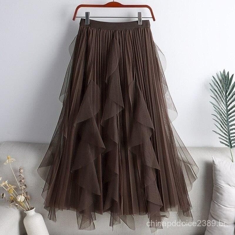 Saia de Tule Qooth Mulheres Outono Lisa Cor Midi Linha de Malha A Cintura Alta Saia Longa de Gaze Embalada QT1240 B 10 K
