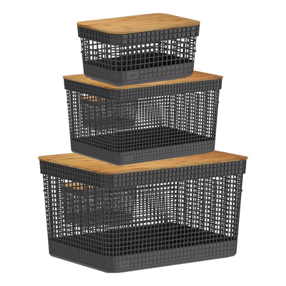 Kit 3 Cestos Com Tampa De Bambu Quadrado 20, 8 E 2,5 Litros Reforçado