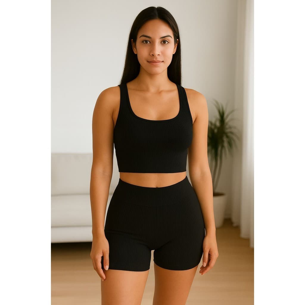 Conjunto Feminino Academia Top Cropped Alças Médias Short Poliamida Premium Canelado Fitness Moderno