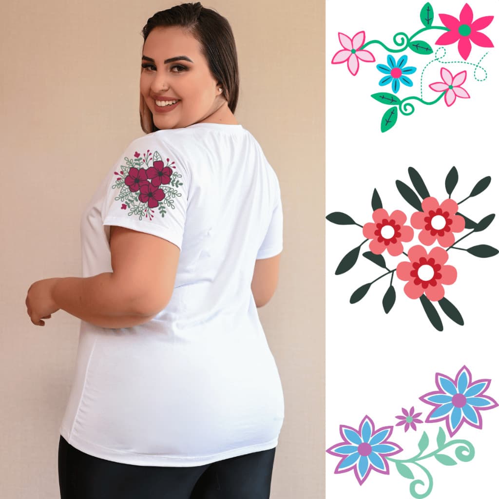 Camiseta Casual Flor na Manga Lançamento Primavera Verão 100% Algodão Premium Envio Imediato