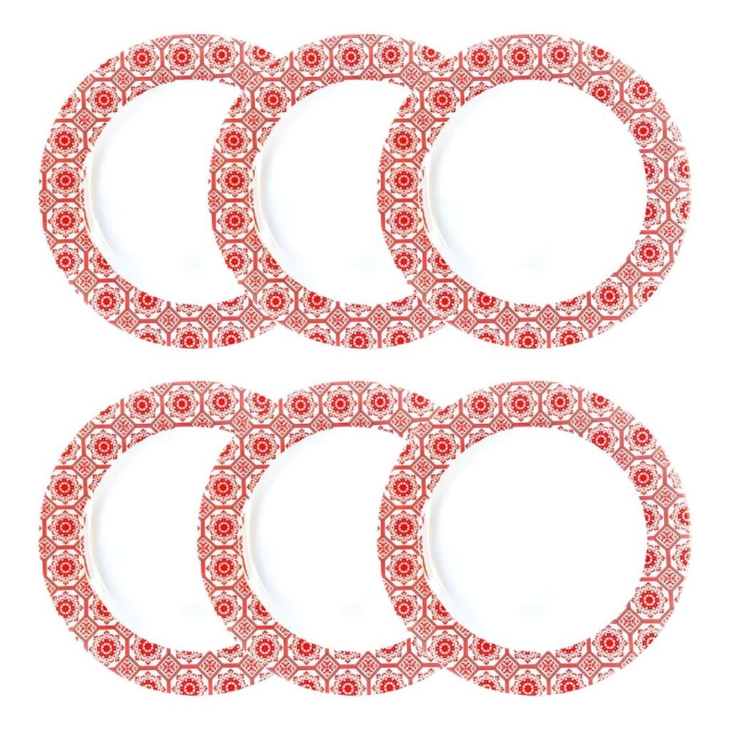 Jogo De Pratos Rasos 6 Peças De Melamina Estampado Vermelho 25 Cm Pratos Grande Redondo Buffet Sakes