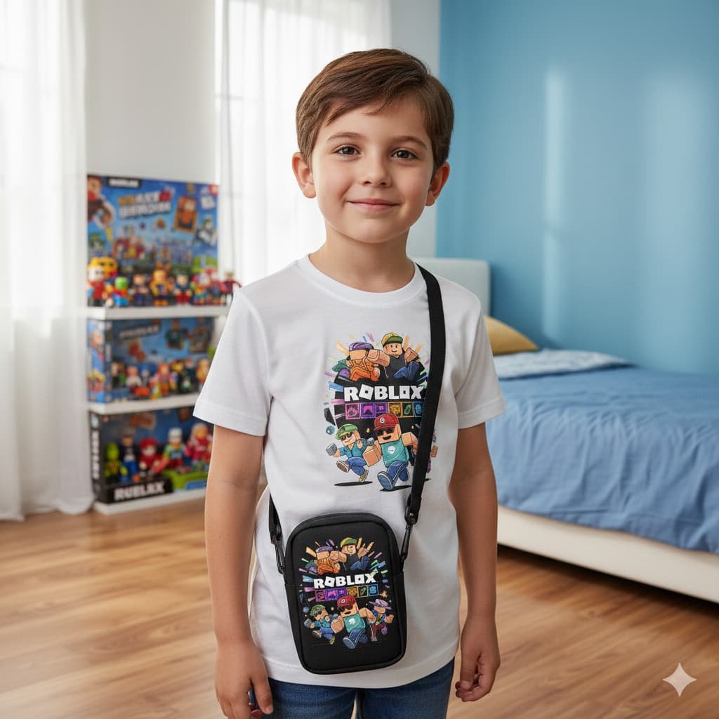 Combo Infantil Roblox – Camiseta Branca Manga Curta + Bolsa Bag Mochila Pequena Gamer
