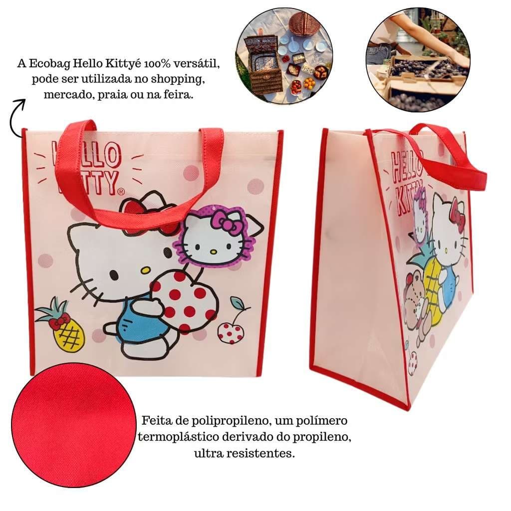 Sacola Hello Kitty Rosa com Alças Vermelhas | Ecobag Multiuso 30x30x30cm | Bolsa Reutilizável