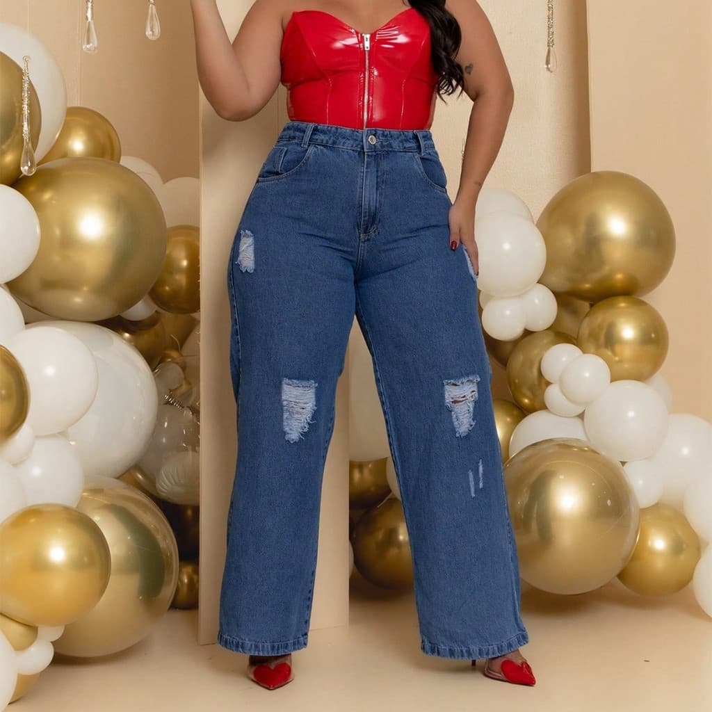 Calça Jeans Plus Size Wide Leg Feminina Cintura Alta