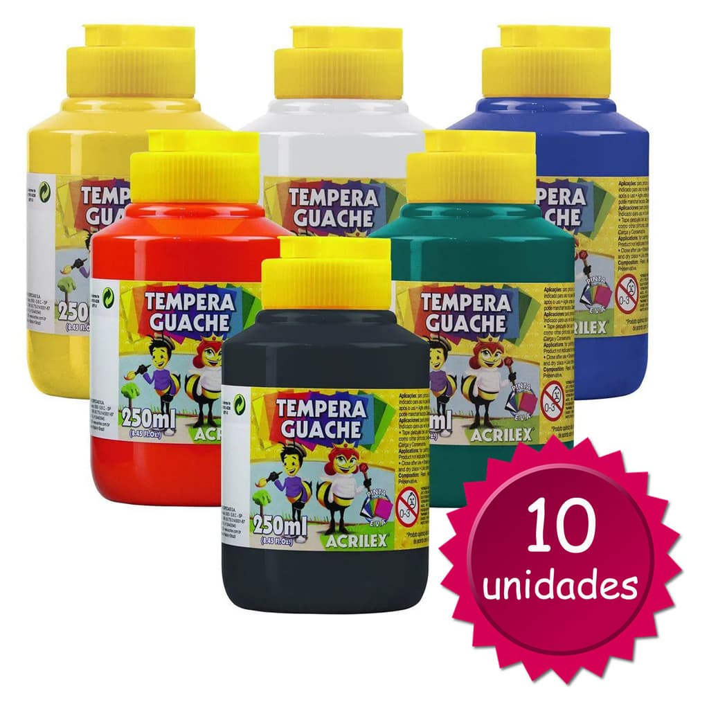 Kit 10 Tintas Tempera Guache 250ml Acrilex