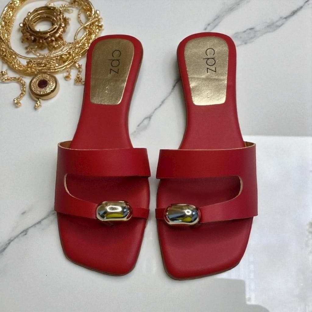 Sandália Rasteira Feminina Plana Slide Luxo Detalhe Dourado