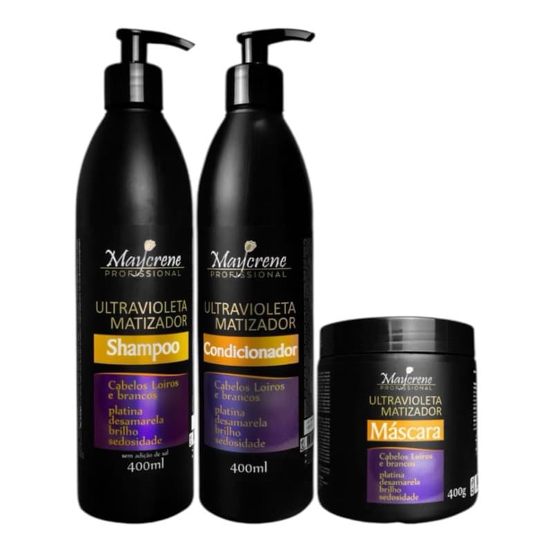 Kit Capilar Cronograma Matizador ultravioleta cabelos brancos e loiros original premium Maycrene