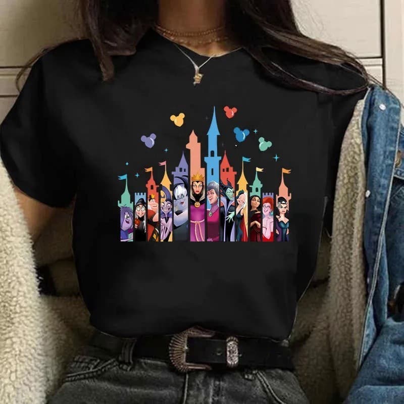 Camiseta Disney Vilões Impressão Gráfica Mulheres Harajuku Girl Tees Verão Mangas Curtas T Camisas Feminino Streetwear