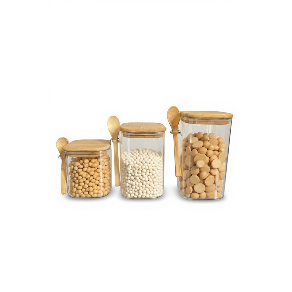 Potes Herméticos de Vidro Kit 3unidades 800+1000+1200ml Tampa de Bambu e Colher Porta Mantimentos