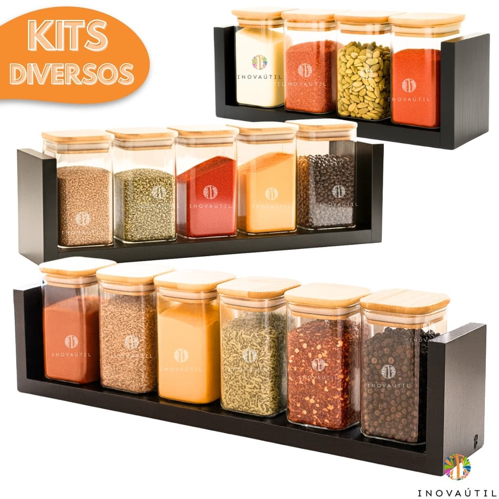 Porta Tempero Pote de Vidro Tampa Hermético 300ml Kits Diversos 4 a 6 Potes Prateleira MDF 2 em 1