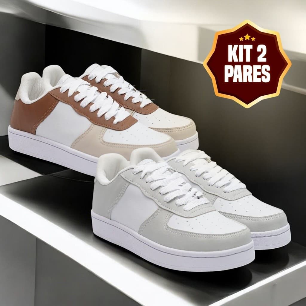 KIT 2 Tênis Unissex Dia a Dia Branco Preto Cinza Caramelo 34 ao 43