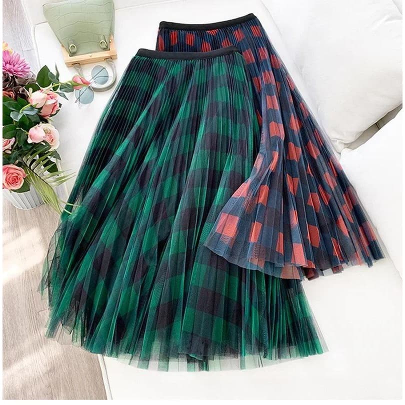 Saia De Malha Treliça Elegante E Linha A Cintura Alta Senhoras Primavera Plissada