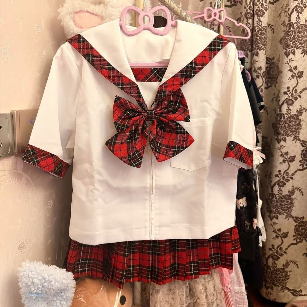Três peças novo estilo réplica terno de marinheiro escocês vermelho verificado estilo JK uniforme estilo Preppy saia cur