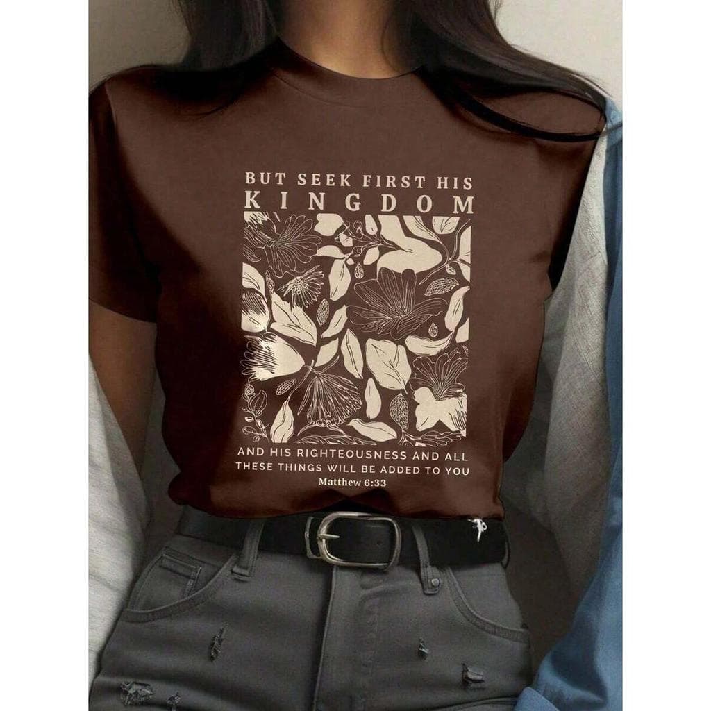 Camiseta Cristã Feminina Mateus 6:33 Kingdom Floral 100% Algodão Gospel Estampada