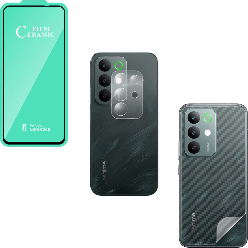Película Cerâmica + Película Câmera Vidro + Película Traseira P/ Realme C85 / C85 Pro