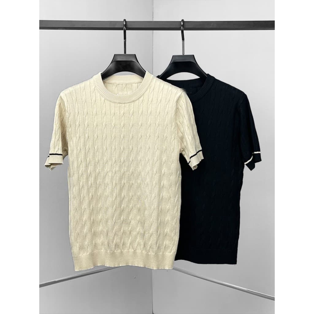 Primavera verão novo estilo masculino malhas de manga curta único listrado Jacquard cor sólida All-Match redondo Ne
