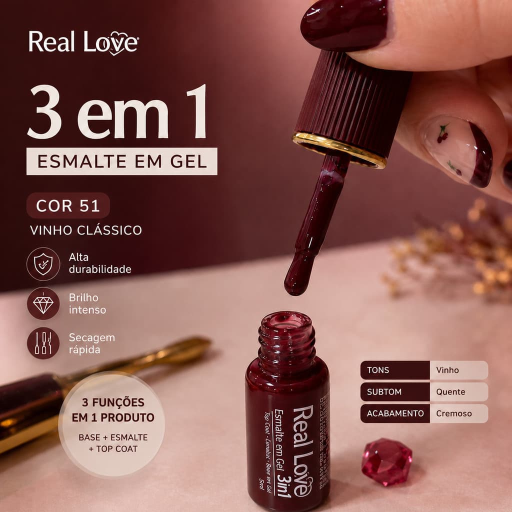 Esmalte em Gel Real Love 3 em 1 Cor 51 Vinho Clássico 5ml UV LED Base Top Coat Alta Durabilidade