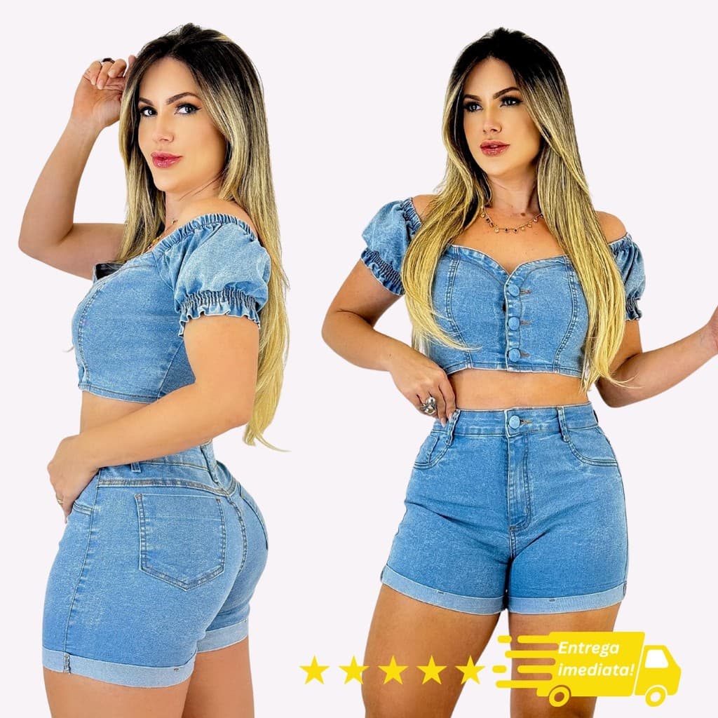 Conjunto Jeans Feminino Cropped e Short Barra Dobrada