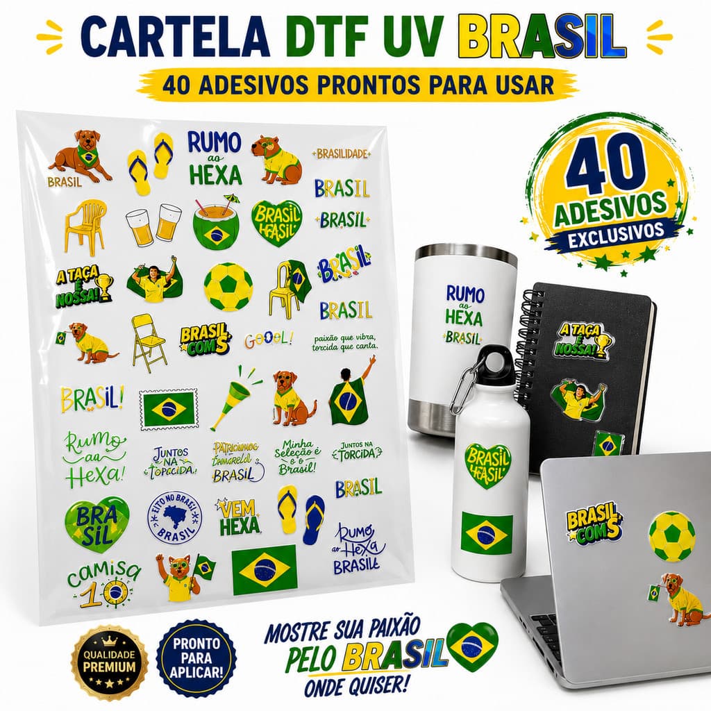 Cartela 40 Adesivos Brasil Copa do Mundo Hexa DTF UV Alto Relevo Resistente à Água