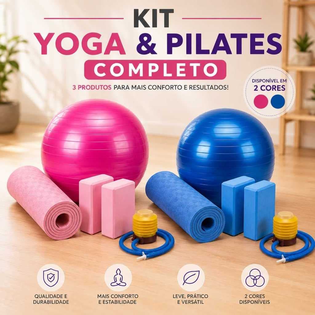Kit Yoga Pilates Alongamento Treino Funcional  Tapete Antiderrapante EVA, Par de Blocos e Bola Suiça