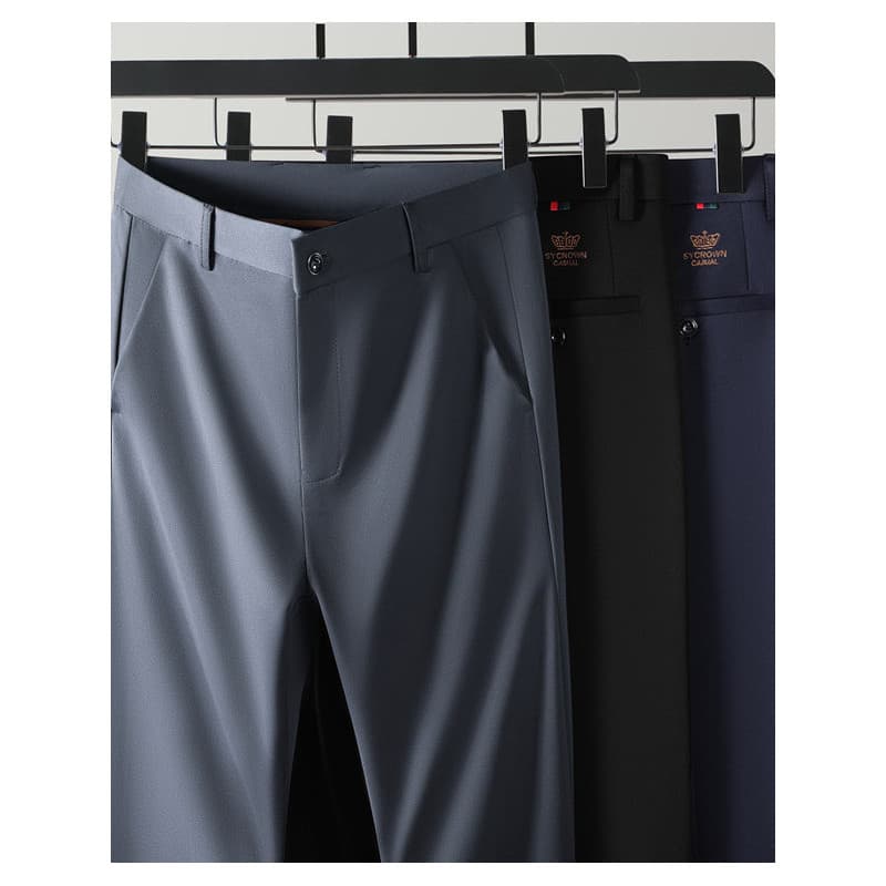 Verão gelo seda estilo fino masculino negócios calças casuais em linha reta solta elástica não-ferro pai de meia-idade W