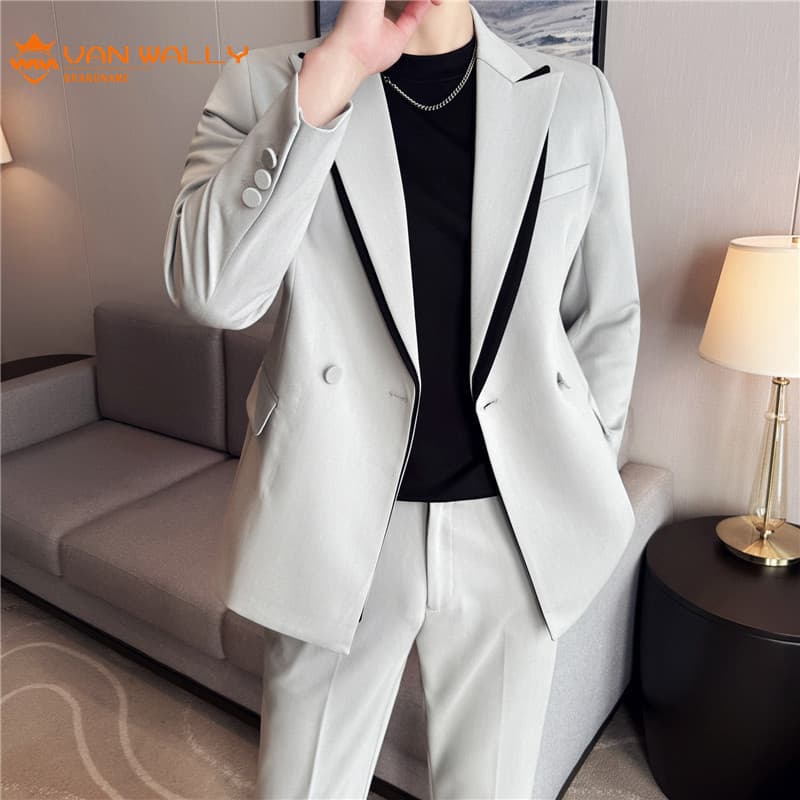 2025 Novo Estilo Slim-fit Terno Masculino Gola Dupla Terno com Lyocell Tencel High-End Youth Suit