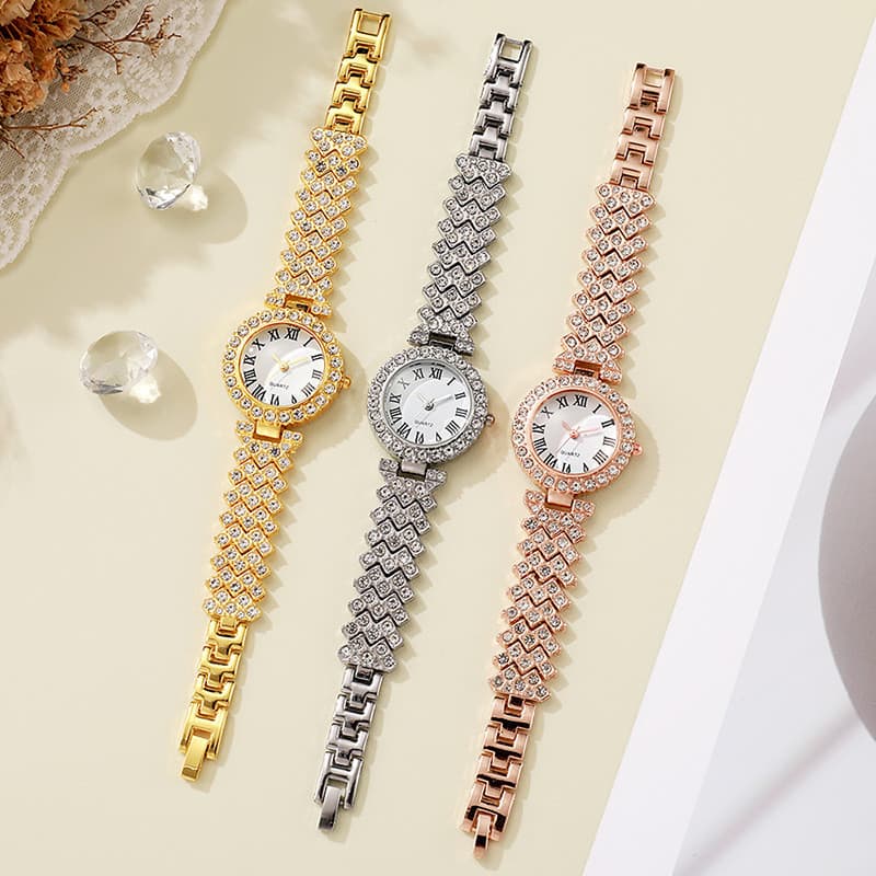 Relógio de Pulso Feminino Elegante com Padrão Romano e Detalhes em Diamante, Relógio de Quartzo com Pulseira para Mulher