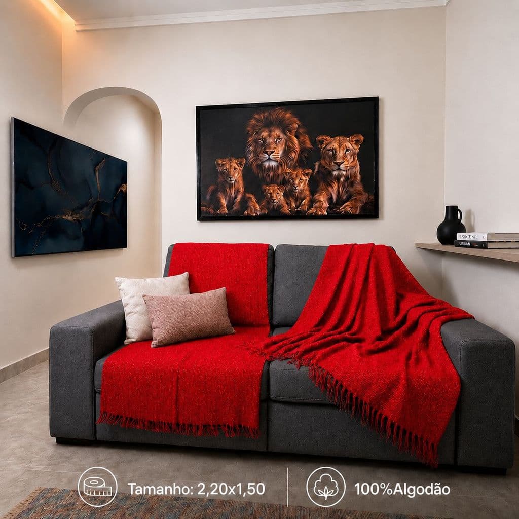 Manta Confort Solteiro 100% Algodão Decorativa Vermelha 2,20x1,50
