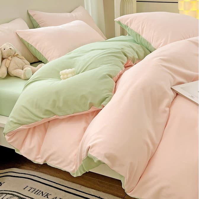Cama escovada de algodão lavado simples conjunto de quatro peças menina coração dormitório cama contraste cor dupla peça