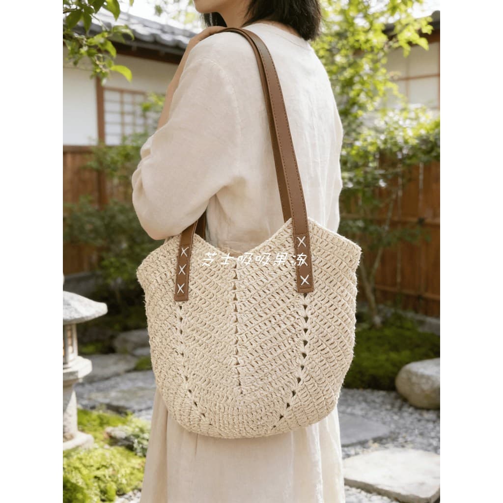 Bolsa Tote tecida à mão feminina estilo férias de grande capacidade bolsa de praia bolsa de ombro Wo