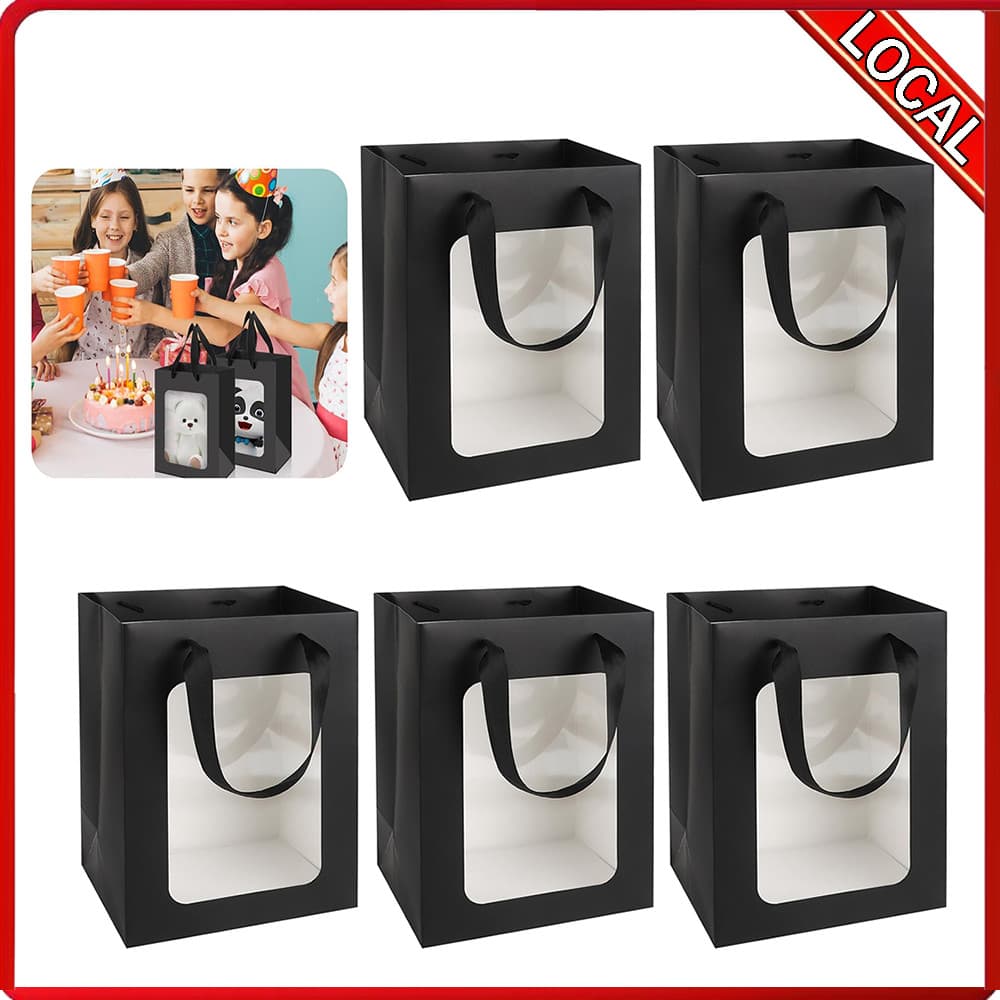 5 sacos de presente de papel de janela transparente (25x18x13cm) Material de cartão branco preto pode exibir itens