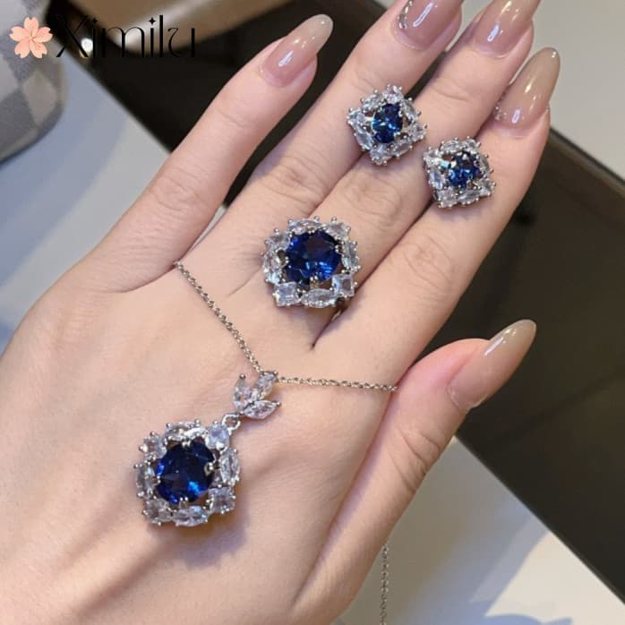 ❤ Original brilhante colorido safira conjunto de jóias Design de moda luxo elegante anel feminino requintado colar elega