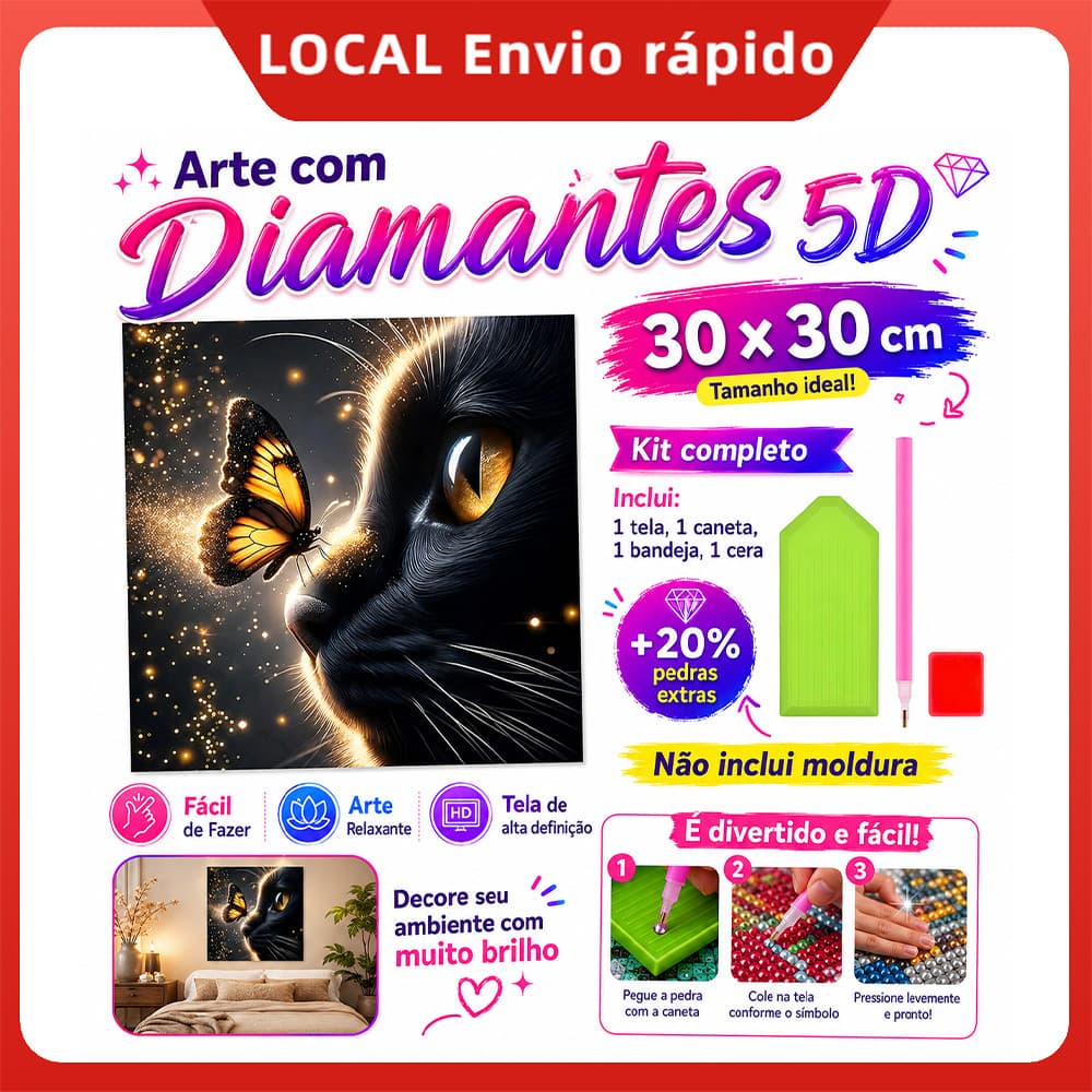 Pintura de Diamante 5D Gato Preto 30x30cm Broca Quadrada – alto relevo, brilho intenso, durável
