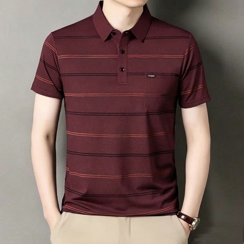 Camiseta POLO masculina de manga curta de verão listrada slim fit lapela bolso estilo empresarial Casual slim