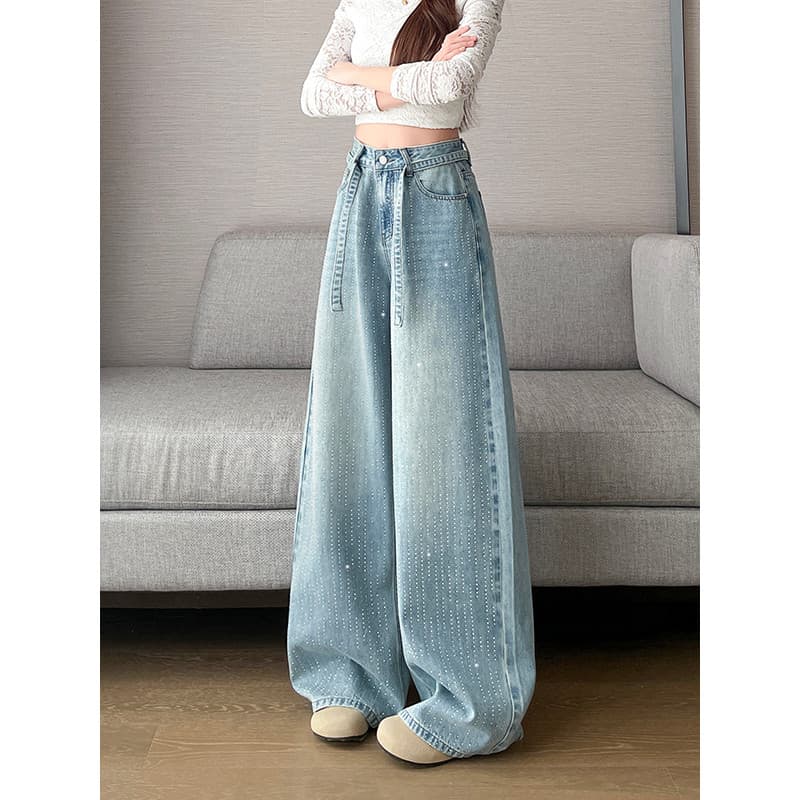 Azul claro piscando diamante calças de perna larga mulheres roupas de primavera Super quente diamante quente moda estilo