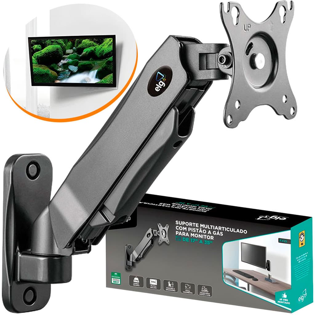 Suporte TV Parede Articulado ELG F410 LED LCD Universal VESA Inclinável Giratório Braço Móvel Aço