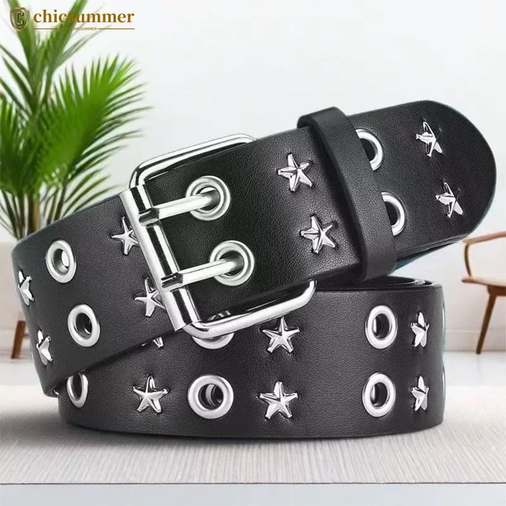 CHICSUMMER Punk Rock Rebite Cravejado Cinto Ajustável Oco Decoração Preto Moda Feminina Acessórios O1W5