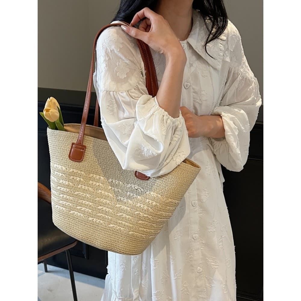 Saco de tecido francês estilo Pastoral cesta de vegetais bolsa de ombro à beira-mar férias praia saco de ráfia tecido To
