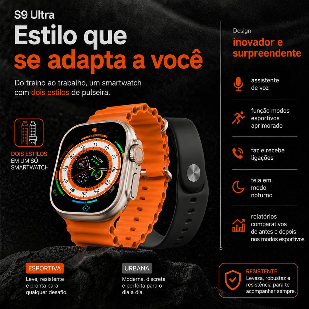 Smartwatch S9 Ultra Duas Pulseiras Esportiva + Urbana Para Treino Trabalho Kit Presente Original