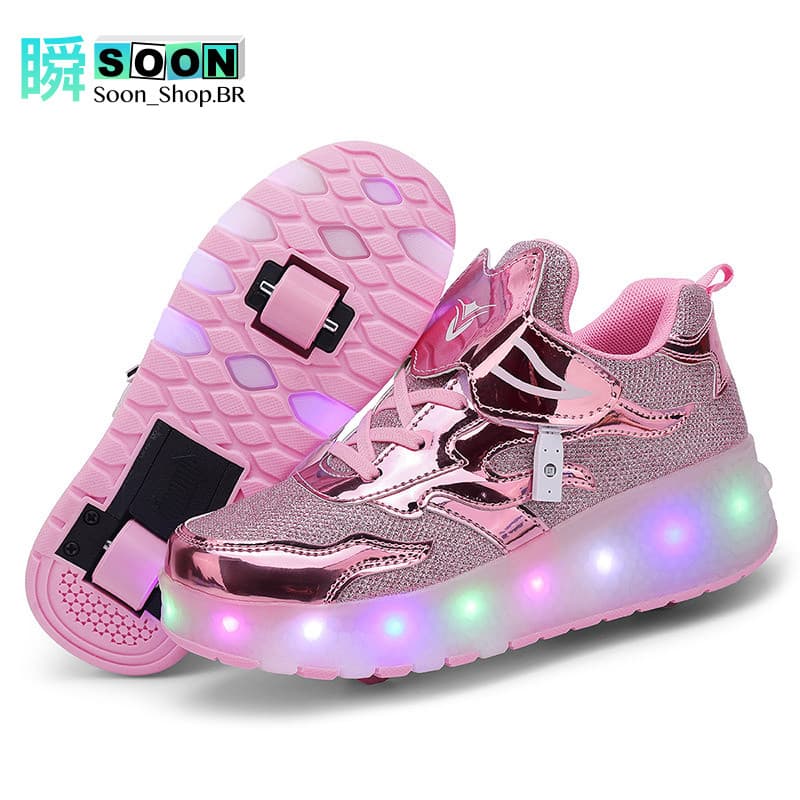 Patins Infantil 4 Rodas Duplas com LED 7 Cores Tênis de Rodízio Recarregável Meninos e Meninas