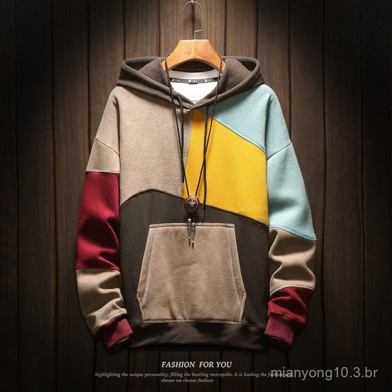 Costura moletom com capuz masculino outono inverno casal Casual topos adolescentes velo-Border com capuz bloqueio de cor