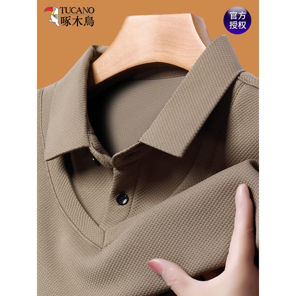 Woodpecker Camiseta masculina de manga comprida de meia-idade falsa de duas peças solta camisa Casual Co