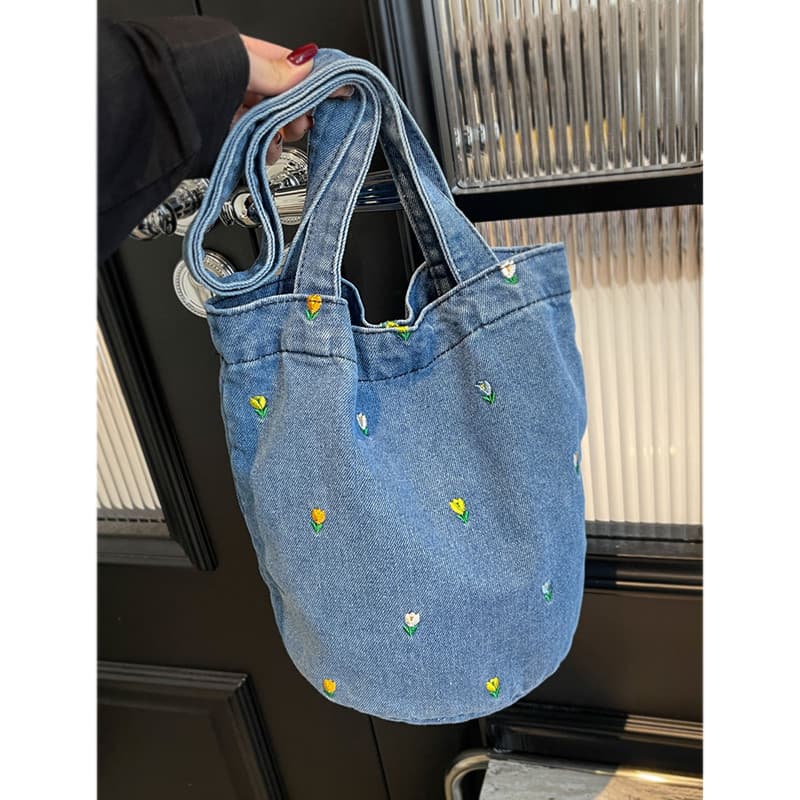 Bolsa balde de lona de grande capacidade de verão feminina bordada jeans bolsa de ombro para transporte de mão