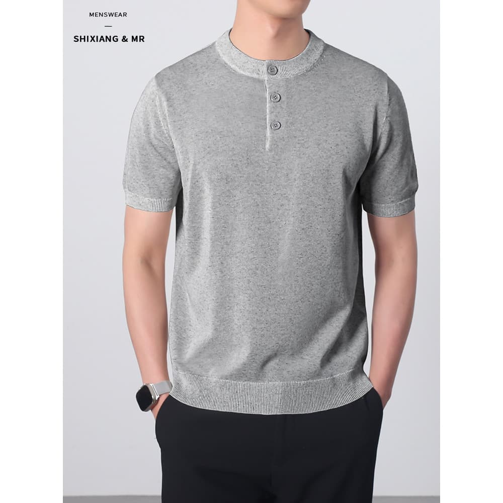 Suéter masculino de manga curta com gola Henry estilo dinheiro antigo, Casual, fino, gola redonda, verão, legal