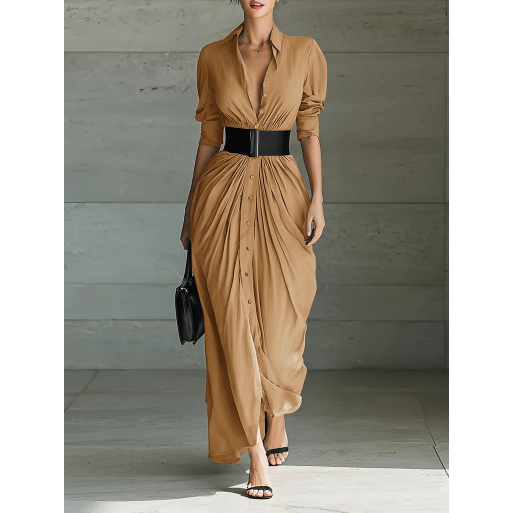 Vestido Camisa Dobrável Com Cintura